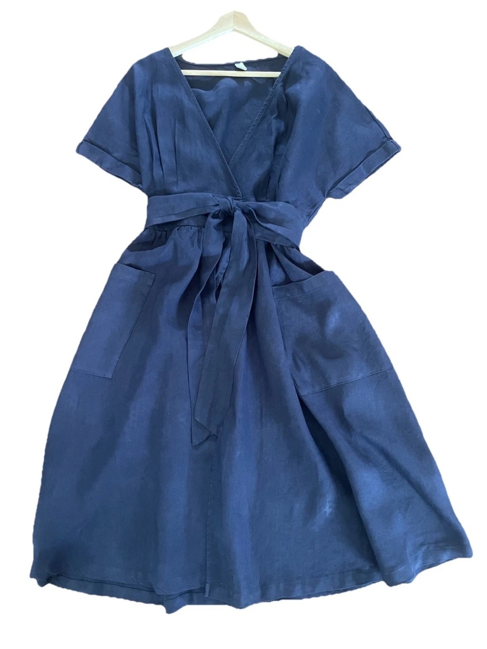 Grae Cove Frankie Linen Navy Blue Wrap Dress Midi Short Sleeve Pocket Size M
